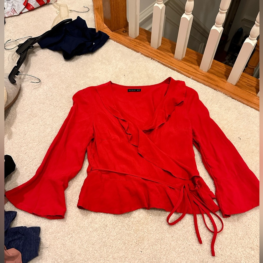 Red Ruffled Wrap 3/4 Sleeve Top
